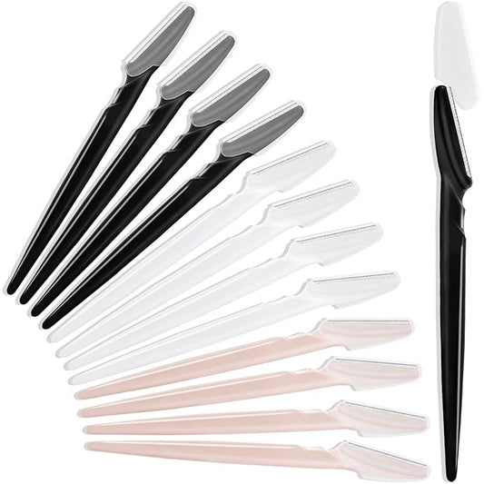 HFATMOS Disposable Razors – 12 Pcs Eyebrow Razors, Face Razors Multipurpose, Exfoliating Dermaplaning Tools, Eyebrow Trimmers Shaver with Safety Cover, Facial Hair Removal for Women Men Body Use, Black, White, Light Pink
