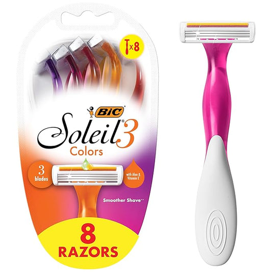 BIC Disposable Razors – BIC Soleil Smooth Colors Women's Disposable 3 Blade Razors, Vibrant Handles and Moisture Strip, 8-Pack