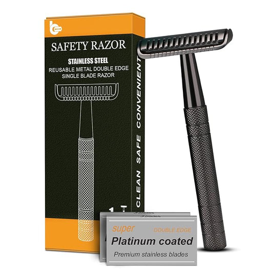 BULIMICA Safety Razors – Black Safety Razor, Single Blade Razors for Men, with 10 Double Edge Blades, Long and Heavy Duty Stainless Steel Handle, Reusable Metal Eco-Friendly Razor, Plastic Free, Smooth Shave