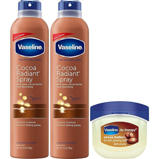 Vaseline Lotions – Vaseline Cocoa Radiant Spray Body Lotion 2-Pack + Mini Lip Therapy for Soft, Glowing Skin & Lips