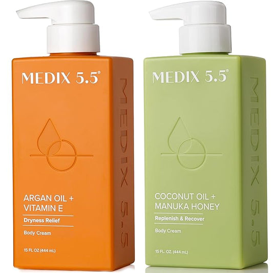 Medix 5.5 Argan Oil + Coconut Oil Skin Care Set Moisturizer Cream Body & Face Lotion | Firming Body Lotion Set Reduces Look Of Wrinkles, Cellulite, Dry Skin, & Uneven Skin Tone For Women, 2PC Bundle