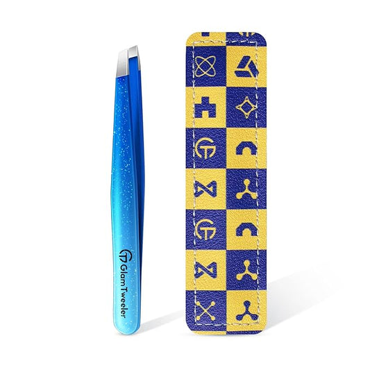 glowtalebaeuty Tweezers – Expert Slant Tip Tweezers with Leather Travel Case, GlamTweeler Sharp & Precision Stainless Steel Tweezer for Eyebrows, Facial Hair and Fine Hairs Removal (Sparkle Royal Blue & Aqua)