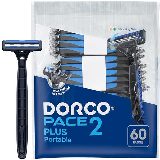 Dorco Disposable Razors – Dorco Pace 2 Plus Disposable Razor, 2 Blades, Pivoting Head, Open-Flow for Easy Rinsing, Lubricating Strip, Long Non-Slip Rubber Handle (60ct)