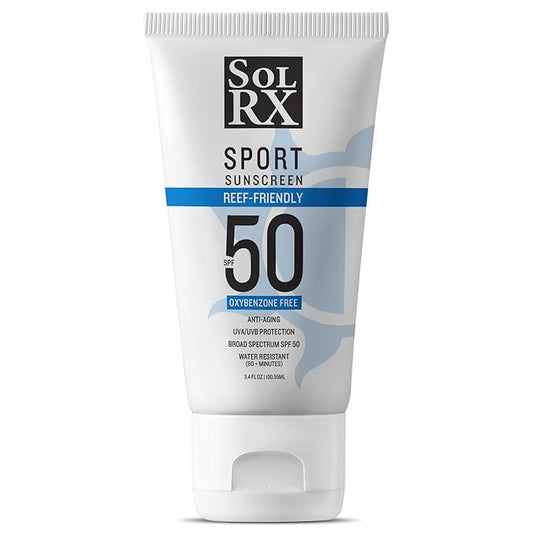 SolRX SPORT SPF 50 Sunscreen, Oxybenzone Free, Broad Spectrum UVA/UVB, Fragrance Free, Reef Friendly