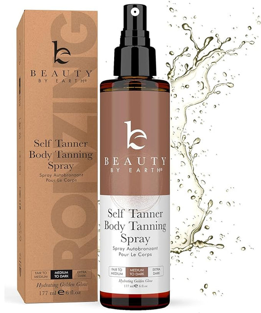 BeautybyEarth Body Self-Tanners – Self Tanner Spray - USA Made with Natural & Organic Ingredients, Fast Drying Spray Tan for Pale Skin, Non Toxic Gradual Tanning Spray, Sunless Tanning Water for Women & Men, Medium to Dark