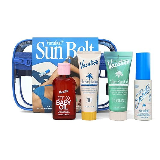 Vacation Facial Sunscreens – VACATION Sun Belt Sampler Kit, SPF 30-50 Sunscreen Pack, Includes Classic Lotion, Super Spritz Face Mist, Baby Oil, After Sun Gel, Festival Friendly Fanny Pack