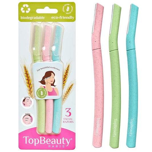 TopBeautyParis Disposable Razors – Paris Women Facial Eco Razors - 3 pcs per pack - Wheat Straw Eyebrow Razors - Multipurpose Facial Body Hair Peach Fuzz Removal Trimmer Shaver - Dermaplaning Tool - Protective Safety Cover