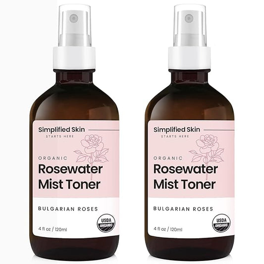 SimplifiedSkin Toners & Astringents – Rose Water Spray for Face & Hair (2-Pack) - Organic USDA Certified Rosewater Facial Toner - Alcohol-Free Makeup Setting Hydrating Face Mist - Anti-Aging Toner Spray