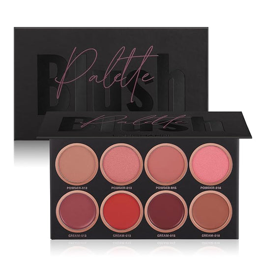 LANGMANNI Blush – 8 Colors Blush Palette, 4 Powder + 4 Cream Blush Palette, Contour and Highlight Blush Palette, Natural Nude Makeup Brighten Skin Tone Portable Makeup Blush, Professional Facial Makeup Blush