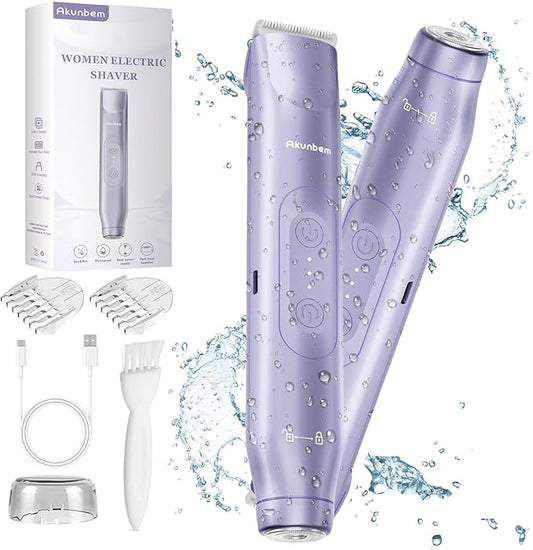Akunbem Foil Shavers – 2 in 1 Women Electric Shaver Dual Head Bikini Trimmer for Women IPX7 Waterproof Wet & Dry Use Body Hair Trimmer and Facial Hair Remover for Bikini Underarm Leg Arm Body Face, Purple