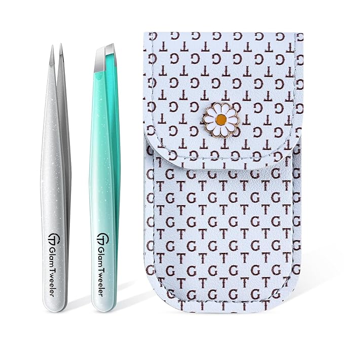 glowtalebaeuty Tweezers – Expert Slant and Point Tip Tweezer Set with Exclusive Storage & Carrying Case, GlamTweeler Sharp & Precision Tweezer Set for Eyebrows, Facial Hairs & Fine Hairs Removal (Sparkle Mint Green + Silver)