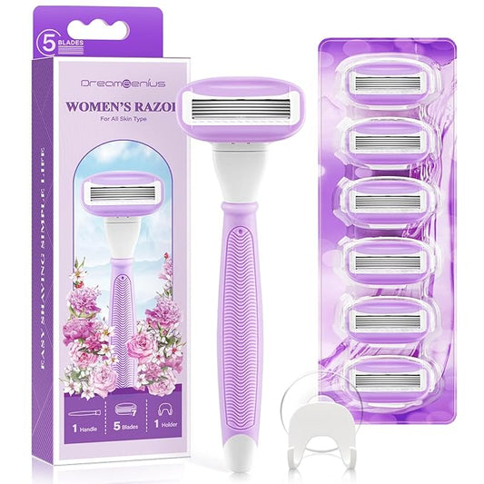 DreamGenius Cartridge Razors – DreamGenius Razors for Women Include 1 Non-Slip Handles and 7 Blade Refills with a Shower Holder, 5 Premium Blades Women's Razors for Shaving with 360° Lubrication Reduces Irritation, Purple