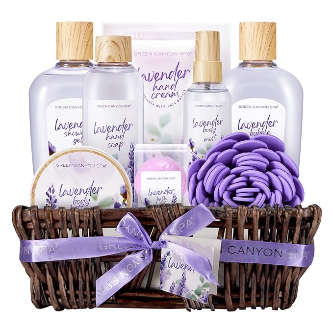 GreenCanyonSpa Sets & Kits – Spa Gift Baskets for Women, 10Pcs Lavender Spa Kit for Women, Bath Gift Set with Bubble Bath,Body Lotion Bath and Body Gift Set Christmas Gift Basket for Her Mothers Day Gifts for Mom