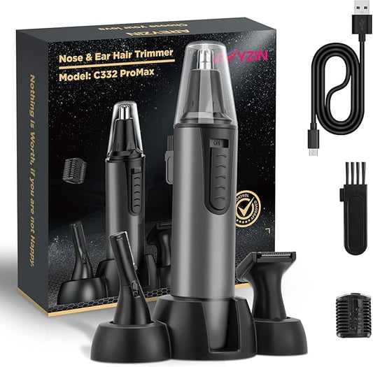 AREYZIN Nose & Ear Hair Trimmers – AREYZIN Nose Hair Trimmer for Men,Rechargeable Ear and Nose Trimmer Kit,Professional Painless Eyebrow Facial Hair Clipper, IPX7 Waterproof,Dual Edge Blades Easy Cleansing,Dark Gray