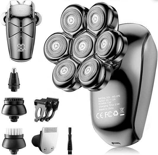 SHPAVVER Rotary Shavers – Detachable Head Shavers, SHPAVVER 5 in 1 Electric Razor IPX7 Waterproof for Bald Men, Wet Dry LED Display Rechargeable 7D Rotary Shaver Grooming Kit with Type C Charge A，Gray Black
