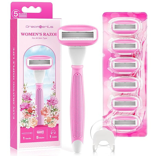 DreamGenius Cartridge Razors – DreamGenius Razors for Women Include 1 Non-Slip Handles and 7 Blade Refills with a Shower Holder, 5 Premium Blades Women's Razors for Shaving with 360° Lubrication Reduces Irritation, Pink
