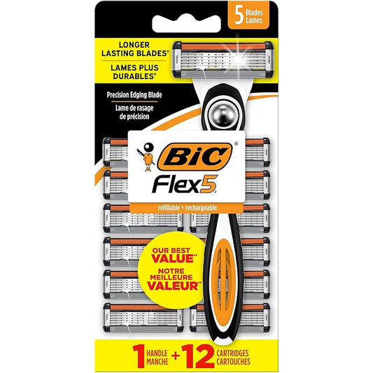 BIC Cartridge Razors – BIC Flex 5 Refillable Razors for Men, Long-Lasting 5 Blade Razors for a Smooth and Comfortable Shave, 1 Handle and 12 Cartridges, 13 Piece Shaving Kit