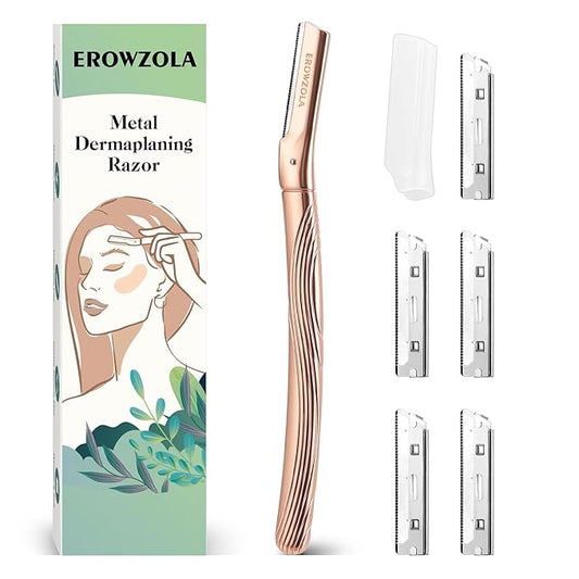 EROWZOLA Disposable Razors – Dermaplaning Tool for Face, Eyebrow Razor for Women and Men, Eyebrow Trimmer and Facial Shaver Dermaplane Razor for Peach Fuzz Hair and Exfoliation, Includes 6 Blades (Rose Gold)