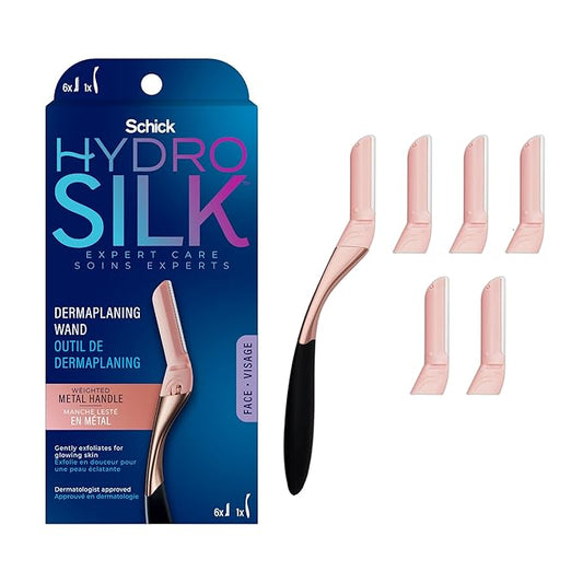 SchickHydroSilk Razor Blades & Cartridges – Schick Hydro Silk Dermaplaning Wand, Dermaplaning Tool for Face | Dermaplane Razor for Women Face, Eyebrow Razor, Peach Fuzz Remover, Includes 1 Weighted Metal Handle with 6 Refill Blades