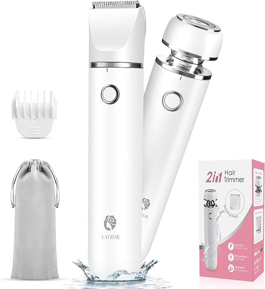 Cayzor Bikini Trimmers – Bikini Trimmer and Shaver Kit for Women - 2-in-1 Wet/Dry Electric Body Hair Trimmer Facial Hair Removal Cordless Waterproof Bikini Shaver Razor for Face Lip Chin Pubic Underarm Legs (White)