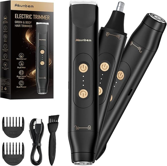 Akunbem Body Groomers – All in 1 Groin & Body Hair Trimmer for Men Bikini Trimmer Women Electric Ball Pubic Shaver IPX7 Waterproof Wet & Dry Use Versatile Shaver for Temple Groin Nose Ear Hairs Beard, Black
