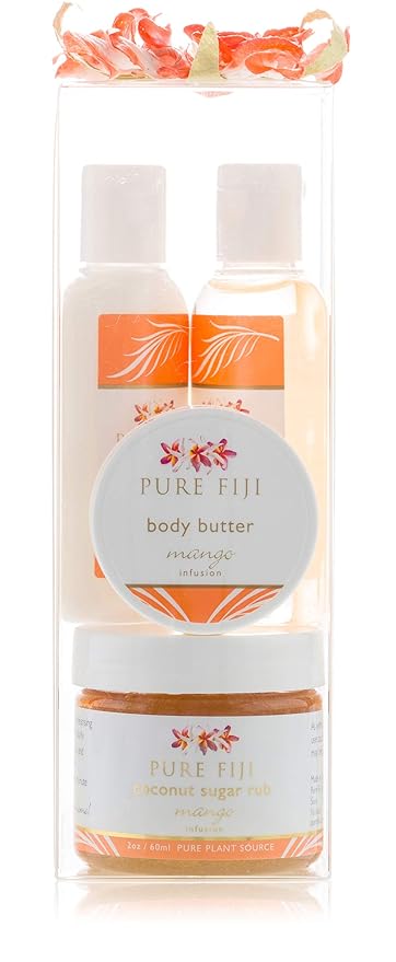 PureFiji Sets & Kits – Pure Fiji Spa Gifts for Women and Man - Body Gift Box Include: Sugar Scrub, Bath and Body Oil, Body Butter and Body Lotion, Scent Mango