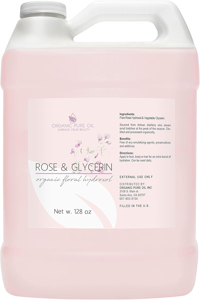 OrganicPureOil Toners & Astringents – Rosewater Glycerin Mist Toner Bulk Spray Facial Body Floral Cleanser Pure Rose Hydrosol and Vegetable Glycerine Moisturizing Cleansing Toning Mix for Face Skin Hair Body (128 Ounces / 1 Gallon)