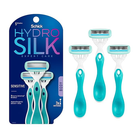 SchickHydroSilk Disposable Razors – Schick Hydro Silk Sensitive Women's Disposable Razors, 3ct | 5-Blade Disposable Razors for Women Sensitive Skin | Travel Razor for Women