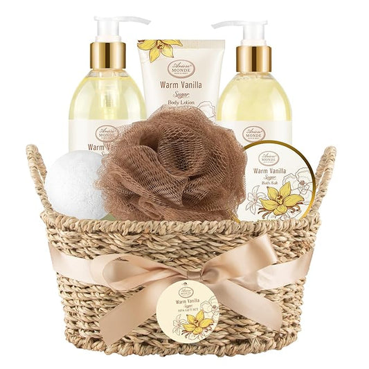 Ariosemonde Sets & Kits – Bath and Body Warm Vanilla Sugar Spa Gifts for Women, with Shower Gel, Bubble Bath, Body Lotion, Bath Bomb, Bath Salt, Spa Basket Gift Set for Women, 7pcs Set Gifts