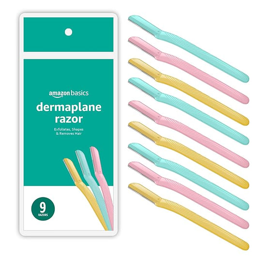 AmazonBasics Disposable Razors – Amazon Basics Women's Multipurpose Exfoliating Dermaplaning Tool, Eyebrow & Facial Razor, Includes Blade Cover, Multicolor, 9 Count