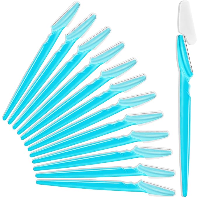 HFATMOS Disposable Razors – 12 Pcs Eyebrow Razors, Face Razors Multipurpose, Exfoliating Dermaplaning Tools, Eyebrow Trimmers Shaver with Safety Cover, Facial Hair Removal for Women Men Body Use (Blue)