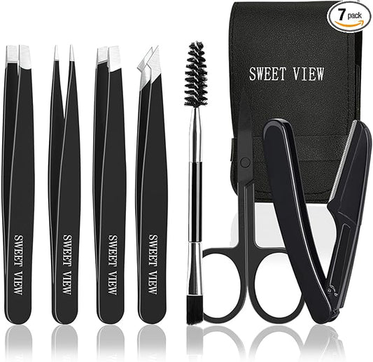 SWEET+VIEW Tweezers – 7pcs Eyebrow Tweezers Kit for Women Precision Plucker with Brow Scissors & Razor & Spoolie for Facial, Chin, Brow, Splinter and Ingrown Hair