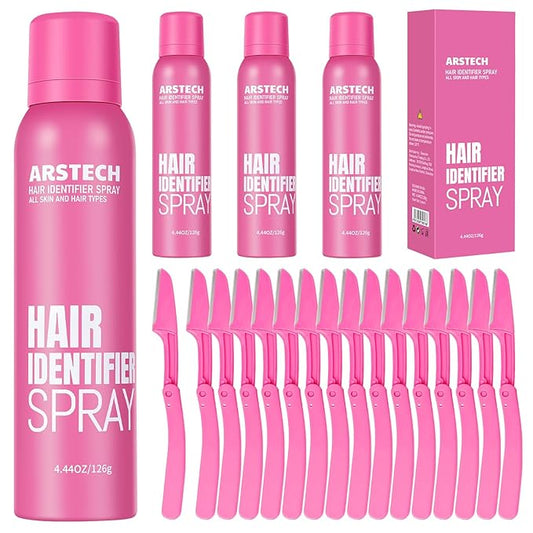 ARSTECH Shaving & Grooming Sets – Hair Identifier Spray for Face Shaving Dermaplaning Tool 4 Pack Skin Body Dermaplaning Spray for Women with 16 Face Razor for Face Shaver Hair Removal Kit Excess Hair Dermaplane Razor for Women Face