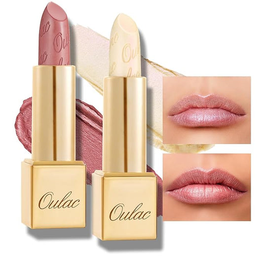 OulacCosmetics Lipstick – Oulac Metallic Light Pink & Sheer Lipstick Set - 2PCS Vegan Lightweight Hydrating Formula with High Impact Lip Color for Full Coverage Lip Makeup, Christmas Gifts for Women, 13+27