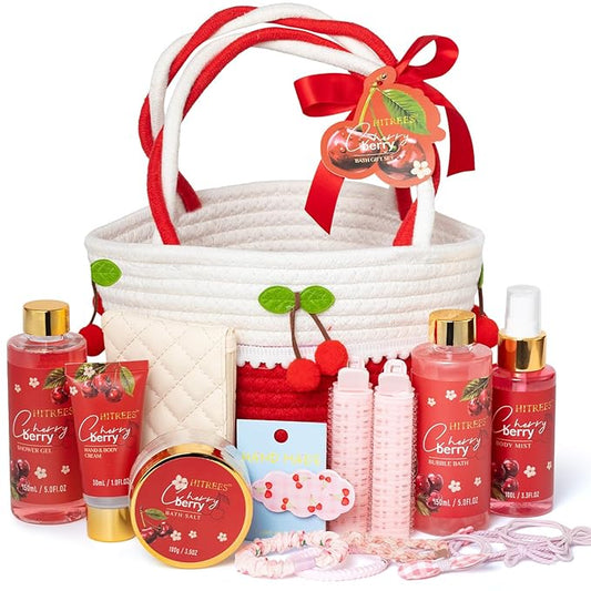 glowtalebaeuty Sets & Kits – Spa Gifts for Women, Cherry & Berry Spa Gift Set for Teenage Tote Bag, Shower Gel, Hand & Body Lotion, Hitrees Birthday for Best Friend Woman, Mom, Mothers Day