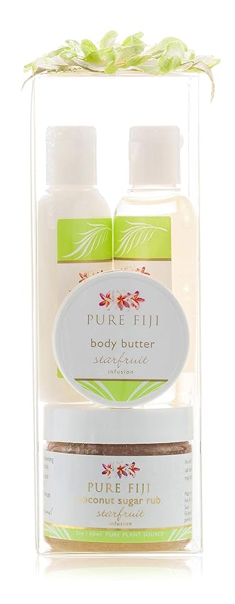 PureFiji Sets & Kits – Pure Fiji Spa Gifts for Women and Man - Body Gift Box Include: Sugar Scrub, Bath and Body Oil, Body Butter and Body Lotion, Scent Starfruit