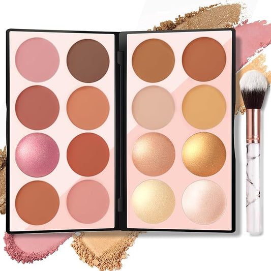 NewBang Blush – 16 Colors Blush Contour Highlighter Makeup Palette with Brush, Matte Mineral Face Blush Powder for Cheek, Bright Shimmer Illuminator Bronzer Professional Facial Beauty Makeup Blushes Set