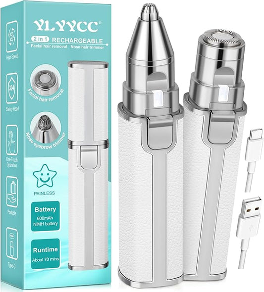 YLYYCC Nose & Ear Hair Trimmers – Nose Hair Trimmer for Women Men, Electric 2 in 1 Face Shaver and Eyebrow Trimmer, White Rechargeable Facial Hair Remover with Built-in LED Light