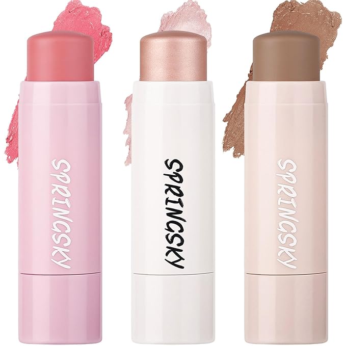 SPRINGSKY Blush – Face Stick Trio 3Pcs Multi Makeup Blush Highlighter Contour Sticks, Buildable Blendable Lightweight Cream Blush Stick for Cheeks Lips Make Up For Women (05)