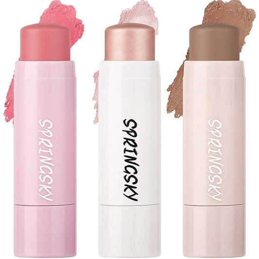 SPRINGSKY Blush – Face Stick Trio 3Pcs Multi Makeup Blush Highlighter Contour Sticks, Buildable Blendable Lightweight Cream Blush Stick for Cheeks Lips Make Up For Women (05)