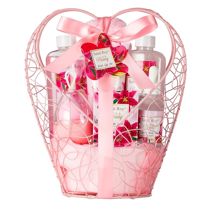 SaintRoy Sets & Kits – Gift Basket For Women, Mother's Day Gift for Mom Spa Set Lily & Peony Home Spa Set, Beauty Personal Care Set Jojoba Oil, Spa Self Care Kit, Bath Body For Thank You, Birthday, Mom, Anniversary Gift