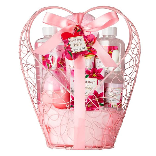 SaintRoy Sets & Kits – Gift Basket For Women, Mother's Day Gift for Mom Spa Set Lily & Peony Home Spa Set, Beauty Personal Care Set Jojoba Oil, Spa Self Care Kit, Bath Body For Thank You, Birthday, Mom, Anniversary Gift
