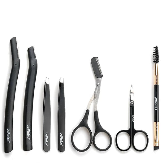 LePinkoOnline Eyebrow Scissors – Eyebrow Trimmer Kit, 7 in 1 Eyebrow Scissors, Tweezer, Razor, Gromming Scissors Brush for Women Men, Gifts for Stocking Stuffers - Black