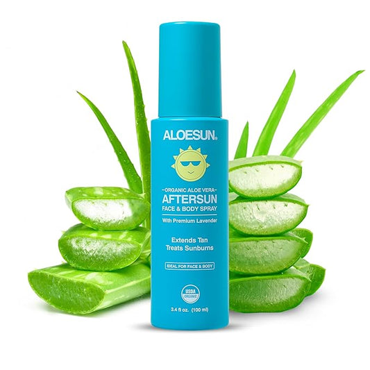 After Sun Face and Body Spray | Organic Aloe Vera Gel with Pure Lavender Essential Oil | Sunburn Relief Natural Aftersun Skin Moisturizer | Tanning Redness Treatment | Travel Size 3.4 Fl Oz