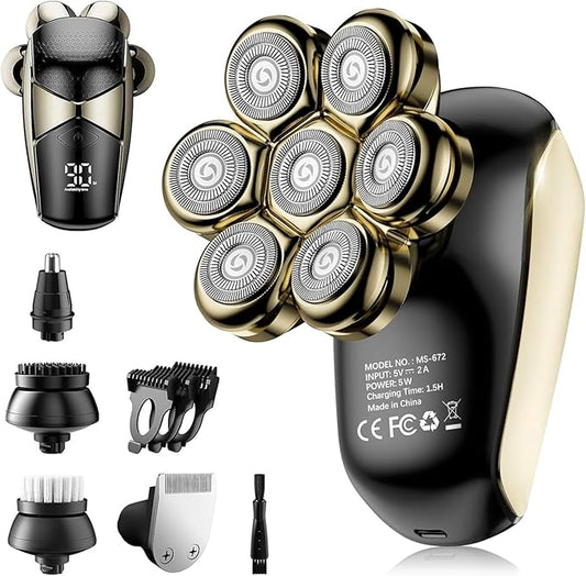 SHPAVVER Rotary Shavers – Detachable Head Shavers, SHPAVVER 5 in 1 Electric Razor IPX7 Waterproof for Bald Men, Wet Dry LED Display Rechargeable 7D Rotary Shaver Grooming Kit with Type C Charge A