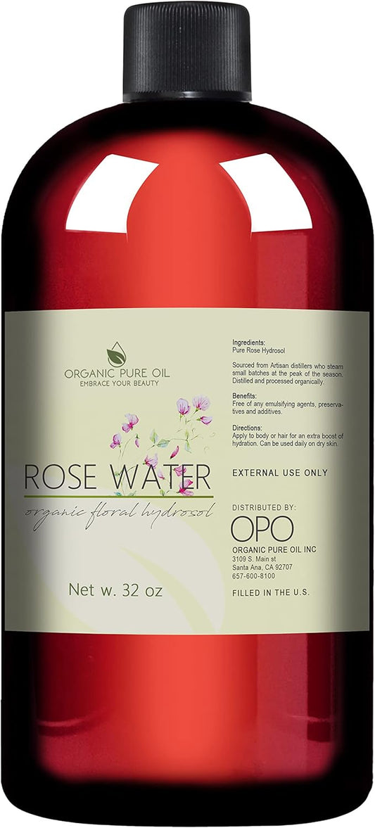 OrganicPureOil Face Mists – 32 oz Rose Hydrosol Water – 100% Pure Rosewater Spray Mist Bulk – Hydrating Face Toner Rose Water for Skin and Hair Linen Spray for Sheets Room Freshener Body Spray Refill by Organic Pure Oil