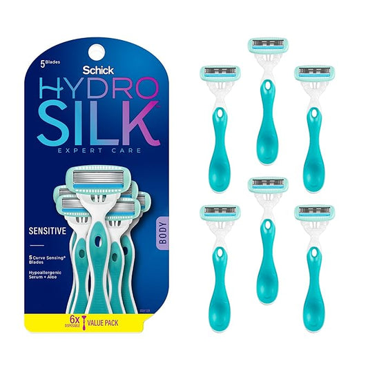 SchickHydroSilk Disposable Razors – Schick Hydro Silk Sensitive Women's Disposable Razors, 6ct | 5-Blade Disposable Razors for Women Sensitive Skin | Travel Razor for Women