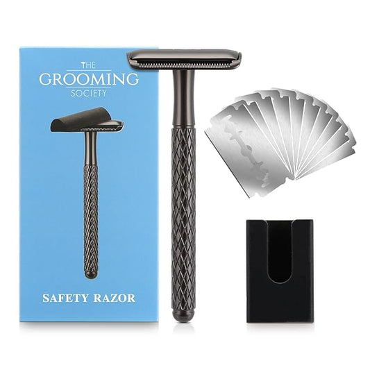 THEGROOMINGSOCIETY Safety Razors – Single Blade Safety Razor for Men with Silicone Cover & 10 Blades Double Edge Safety Razor for Travel Metal Eco-Friendly Reusable Razor for Shaving (Matte Black)