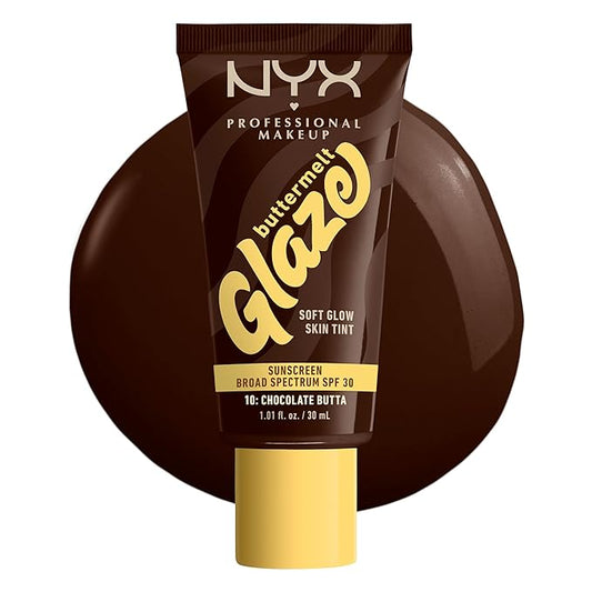 NYX PROFESSIONAL MAKEUP Buttermelt Glaze Soft Glow Skin Tint + SPF 30, Up To 12HR Wear, 10 Chocolate Butta