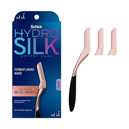 SchickHydroSilk Razor Blades & Cartridges – Schick Hydro Silk Dermaplaning Wand, Dermaplaning Tool for Face | Dermaplane Razor for Women Face, Eyebrow Razor, Peach Fuzz Remover, Includes 1 Weighted Metal Handle with 3 Refill Blades